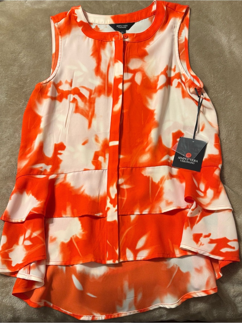 New***Simply Vera Vera Wang Orange and White Tie-Dye Ruffle Sleeveless Blouse